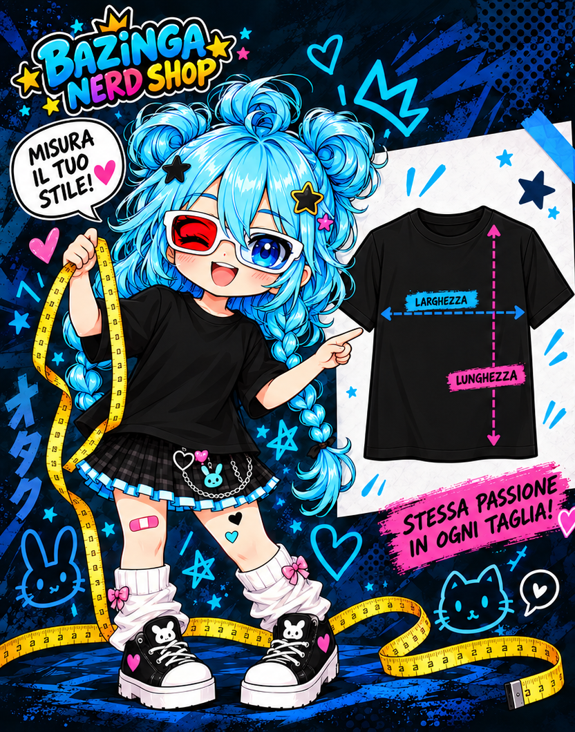 Mascotte Bazinga Nerd Shop con metro da sarta accanto a una maglietta nera che mostra larghezza e lunghezza
